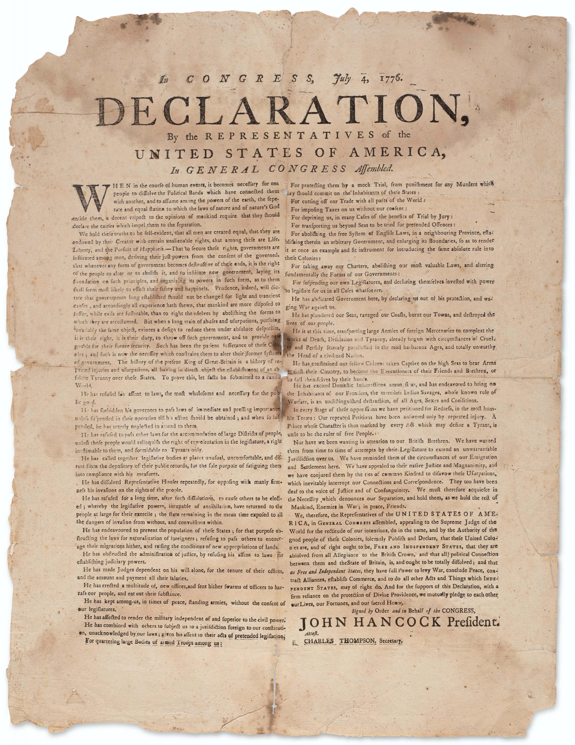 A CONTEMPORARY BROADSIDE EDITION OF THE DECLARATION OF INDEPENDENCE