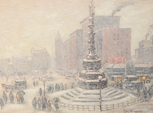 Guy Carleton Wiggins (American, 1883 - 1962) New York Storm, Columbus Circle oil on board signed lower right Guy Wiggins signed and titled verso Mid