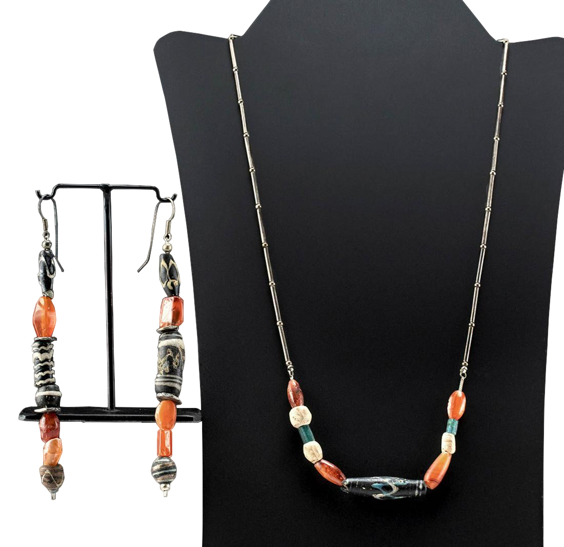 Phoenician Glass & Carnelian Bead Necklace & Earrings