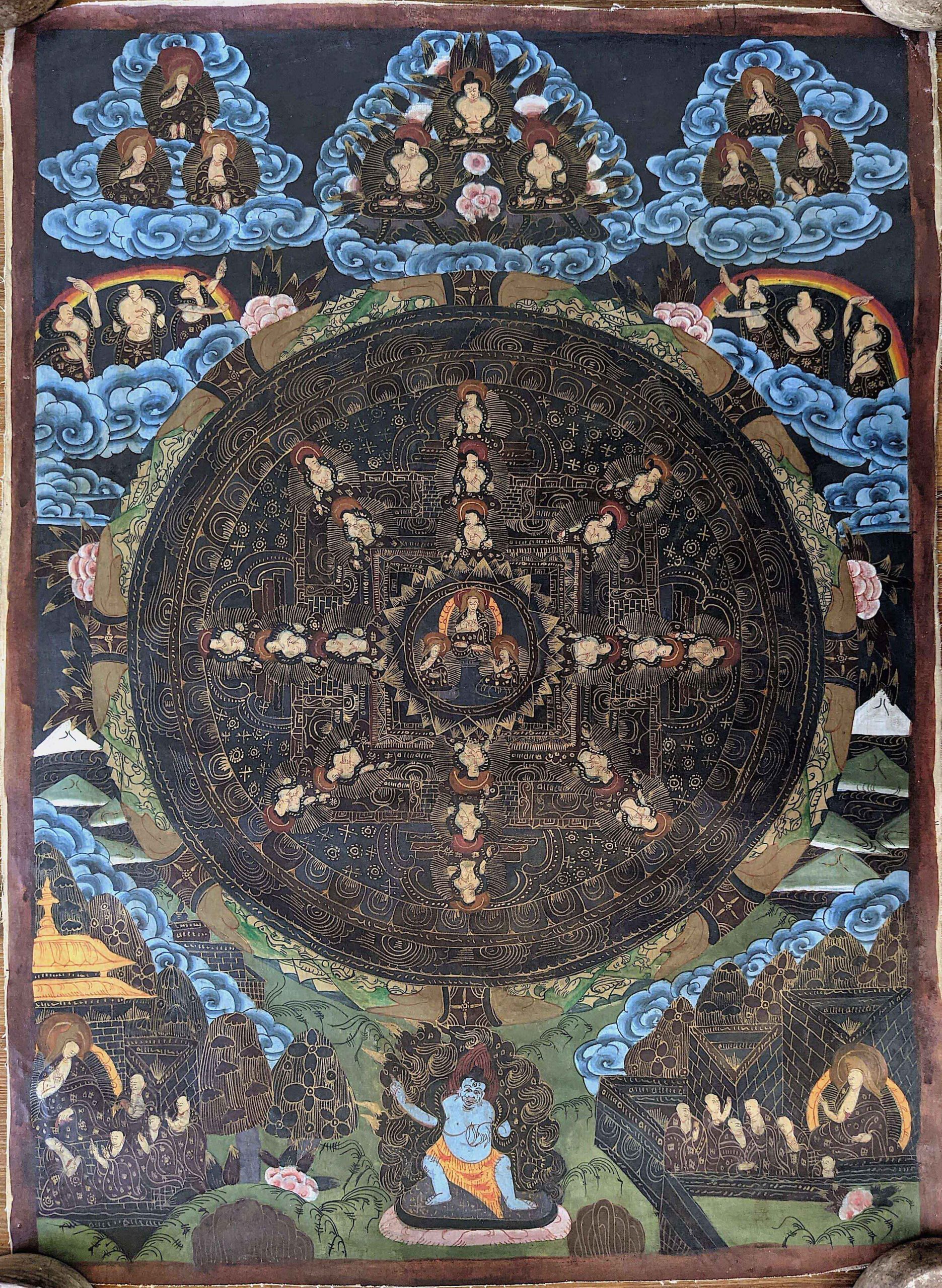 Authentic Vintage Tibetan Buddhist Painting Nicely Done Cobalt Blue