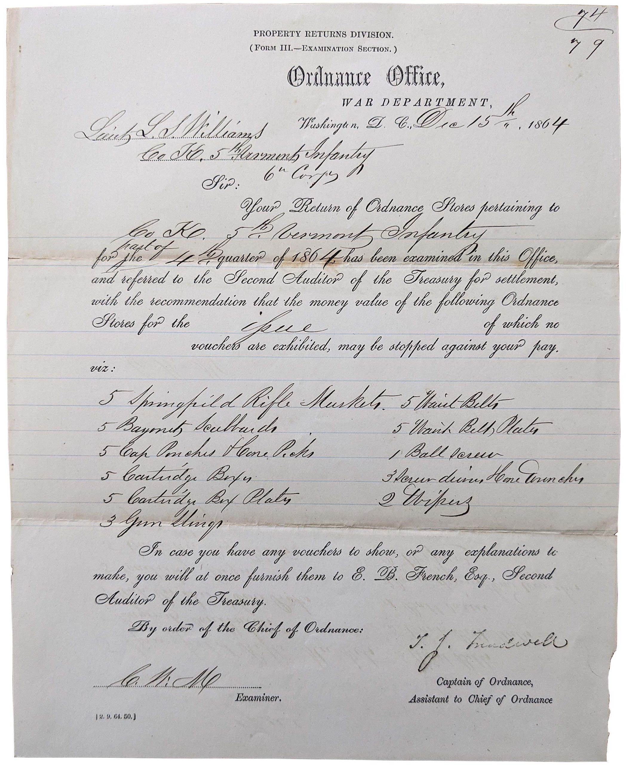 American Civil War Document Ordinance Office Signed, 1864