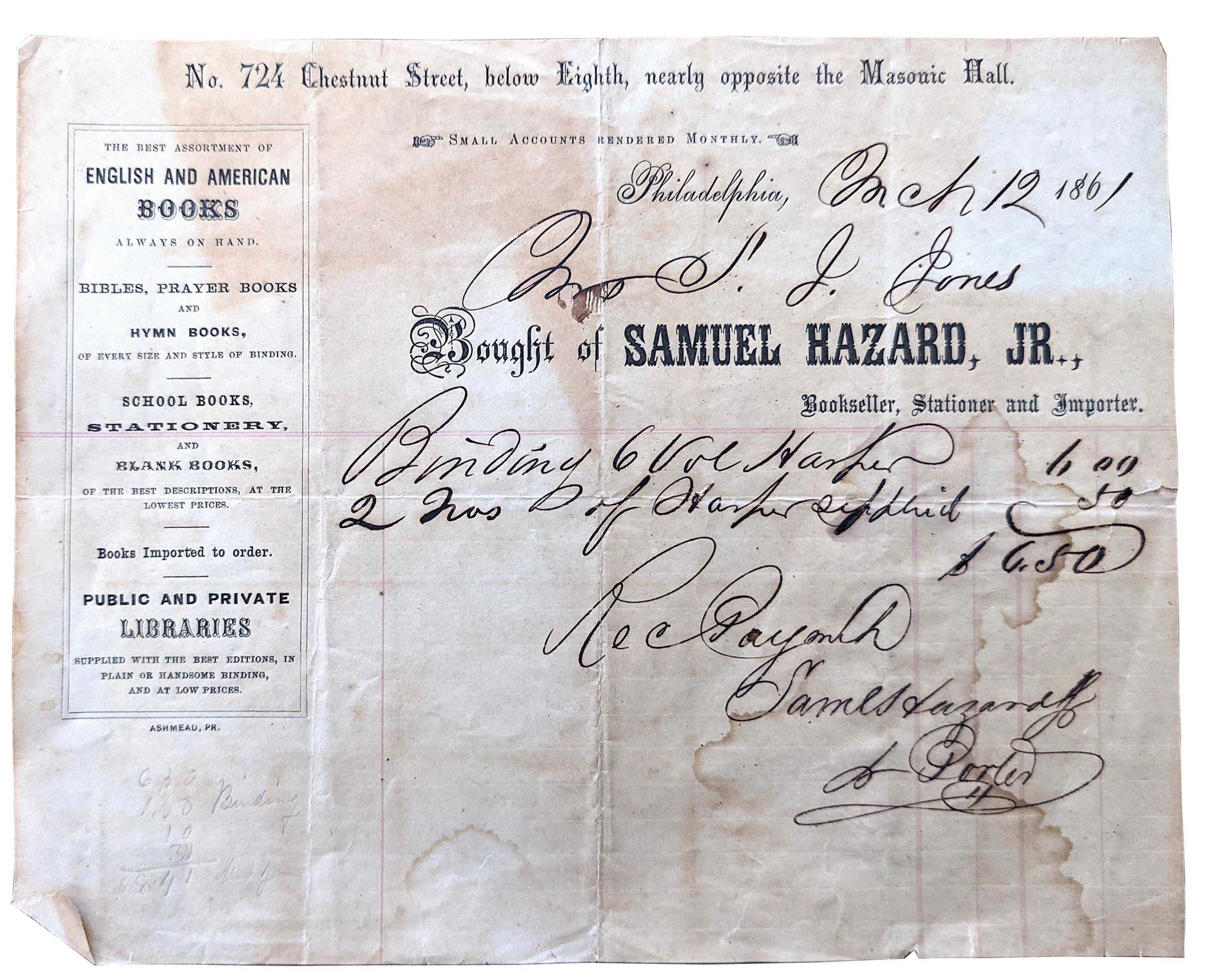 Very Rare Receipt on Books Philadelphia, 1861