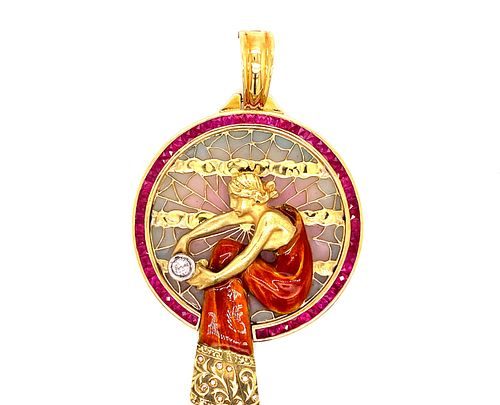 Art Nouveau 18K Plique A Jour Enamel Ruby & Diamond