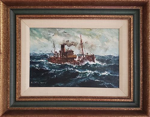Jack L. Gray Oil on Canvas Board, Steam Trawler At Sea