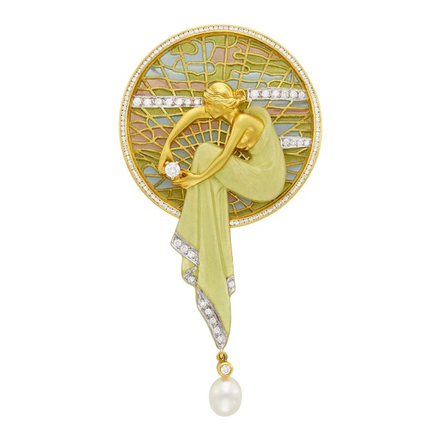 Masriera Gold, Plique-à-Jour Enamel, Diamond and Cultured Pearl Pendant-Brooch