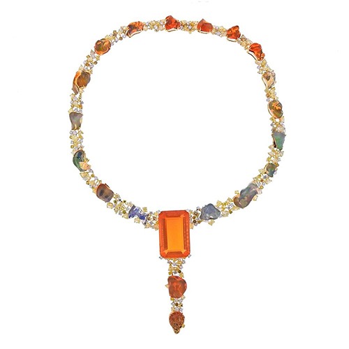 Micheal Youssoufian 59.57ct Fire Opal 24.08ctw Diamond 18k Gold Necklace