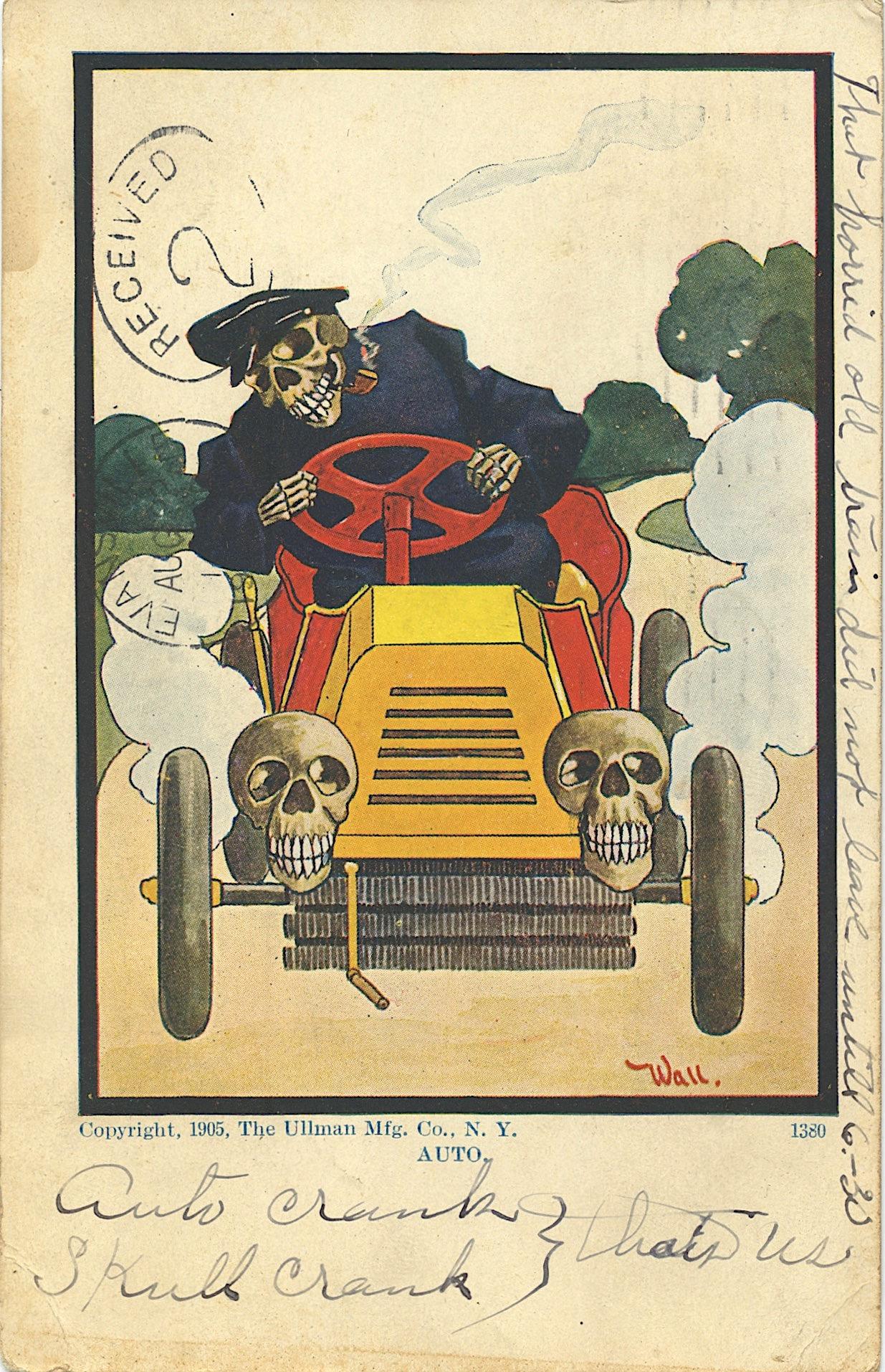 Early Postcard Unusual Rare Skull Halloween Car