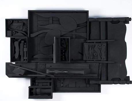 Louise Nevelson, Am. 1899-1988, Moon Zag III 1984, Wooden Sculpture painted black