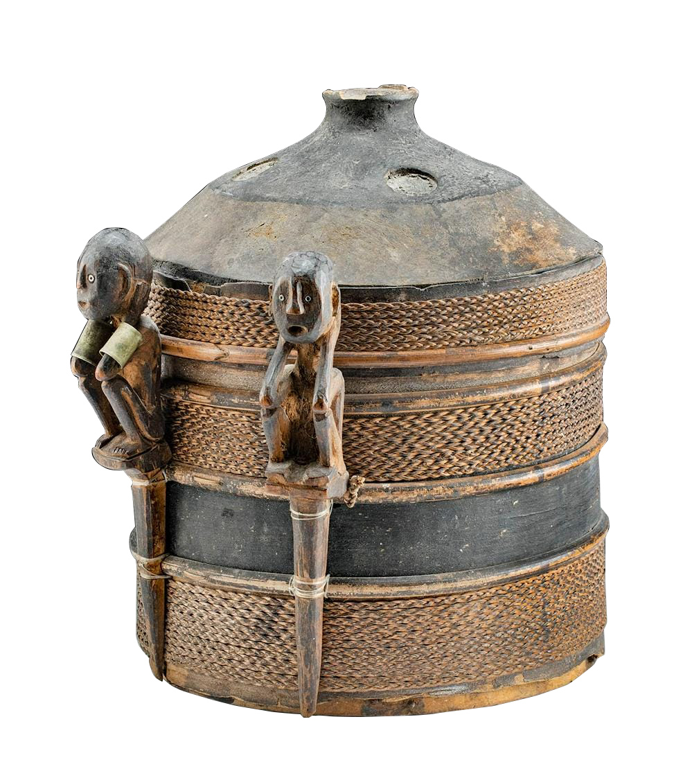 19th C. Dayak Wood, Rattan, & Nickel Brass Shaman's Box