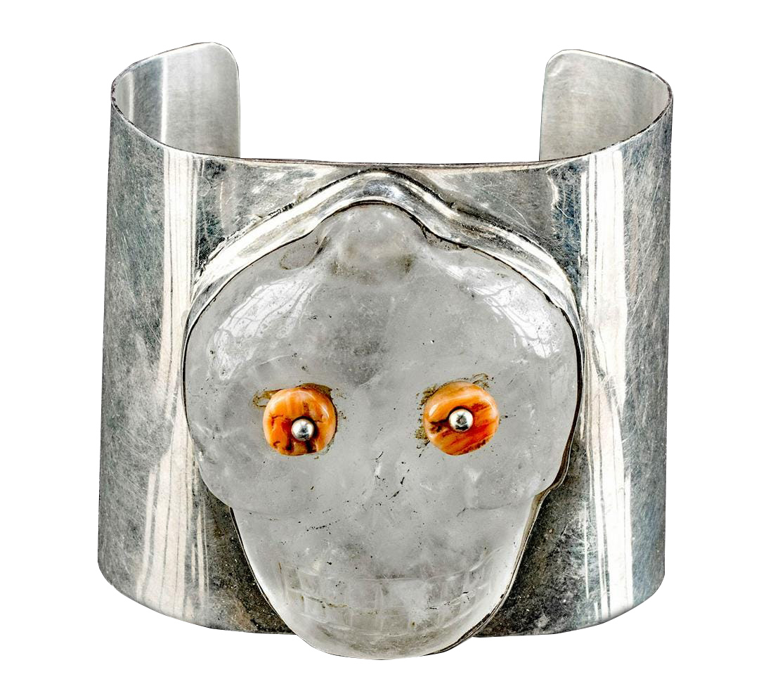 20th C. Mexican Silver Cuff w/ Quartz Skull