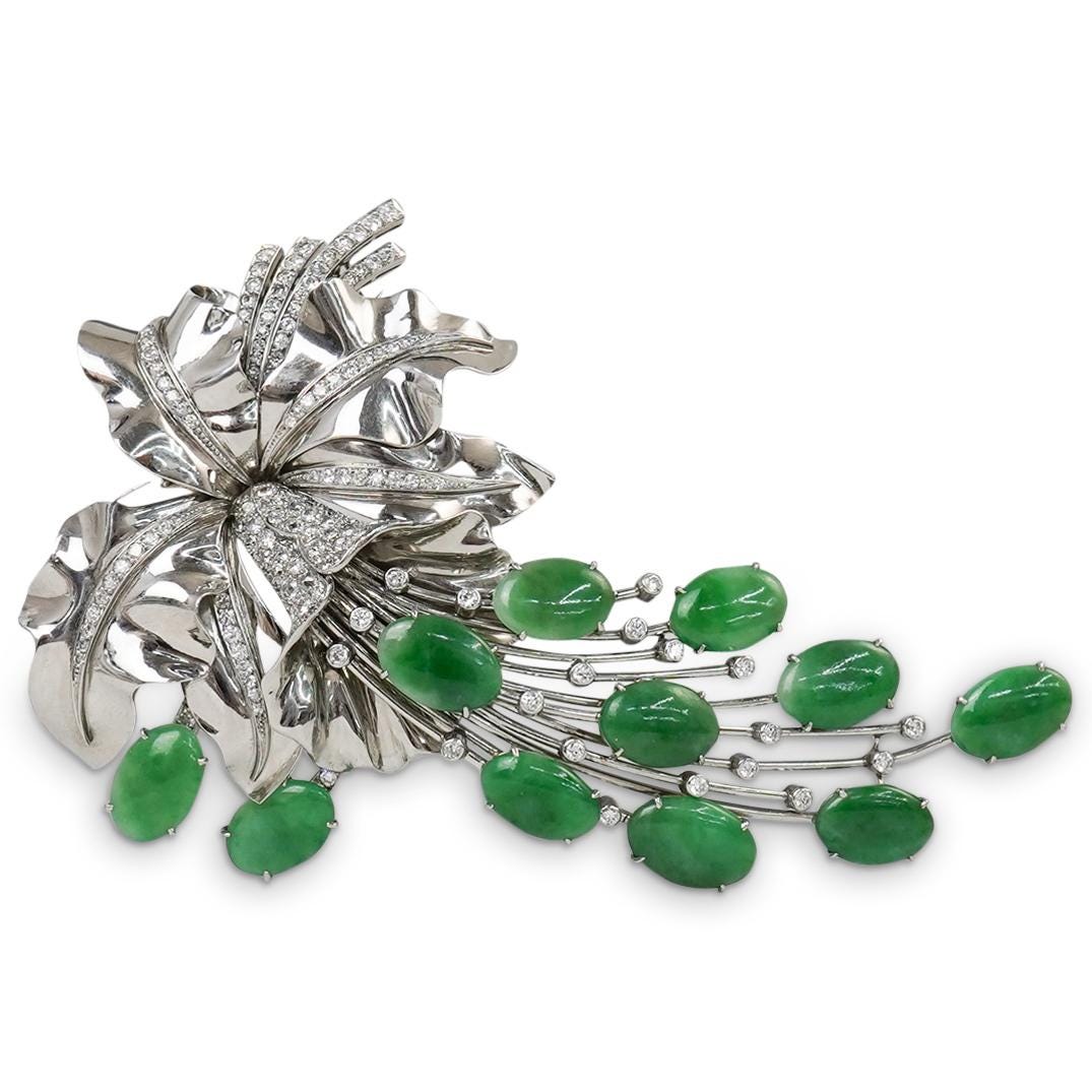 GIA Jadeite, Diamond and Platinum Brooch