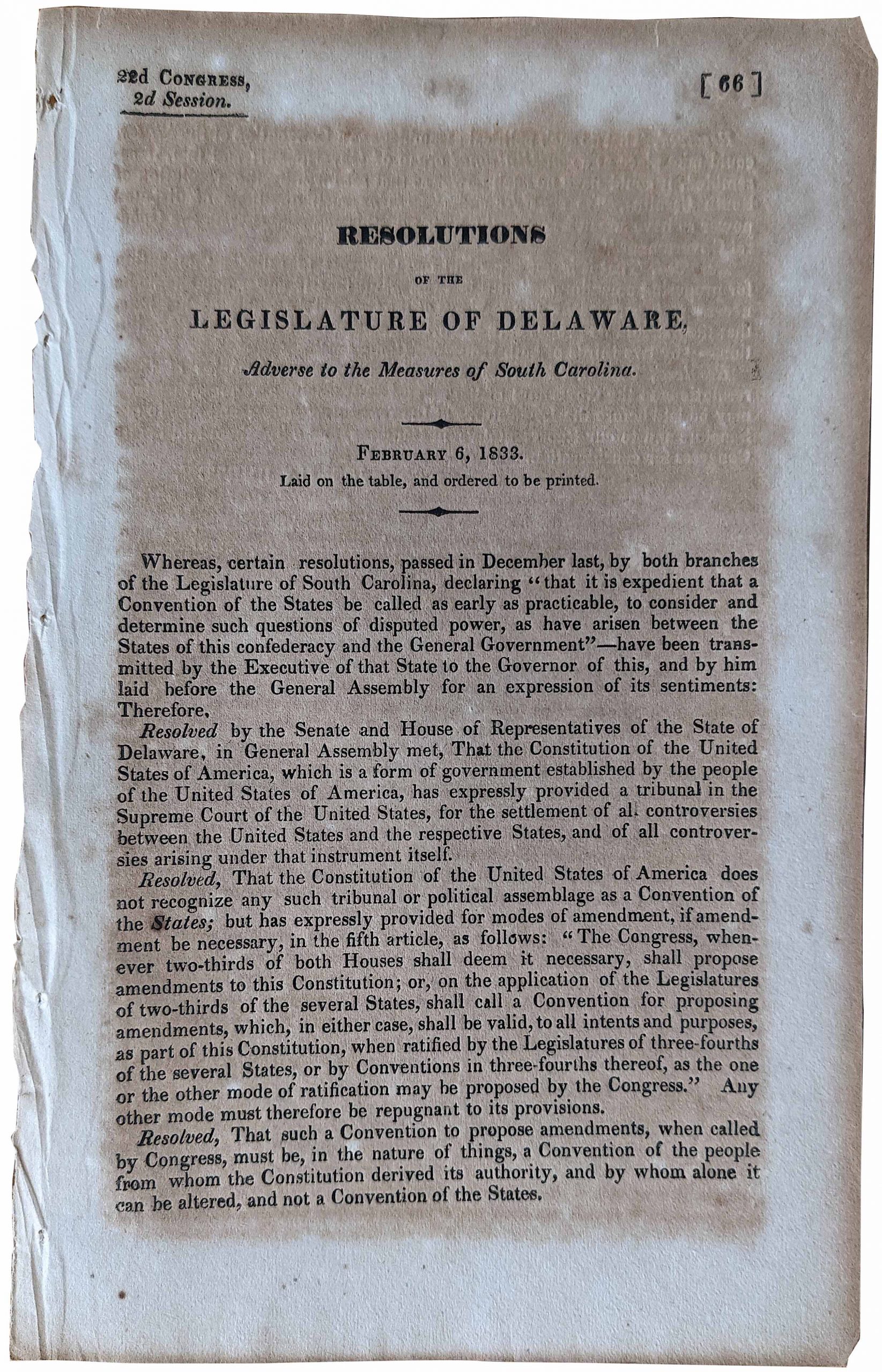Antique Resolutions Delaware Against Slavery, 1833