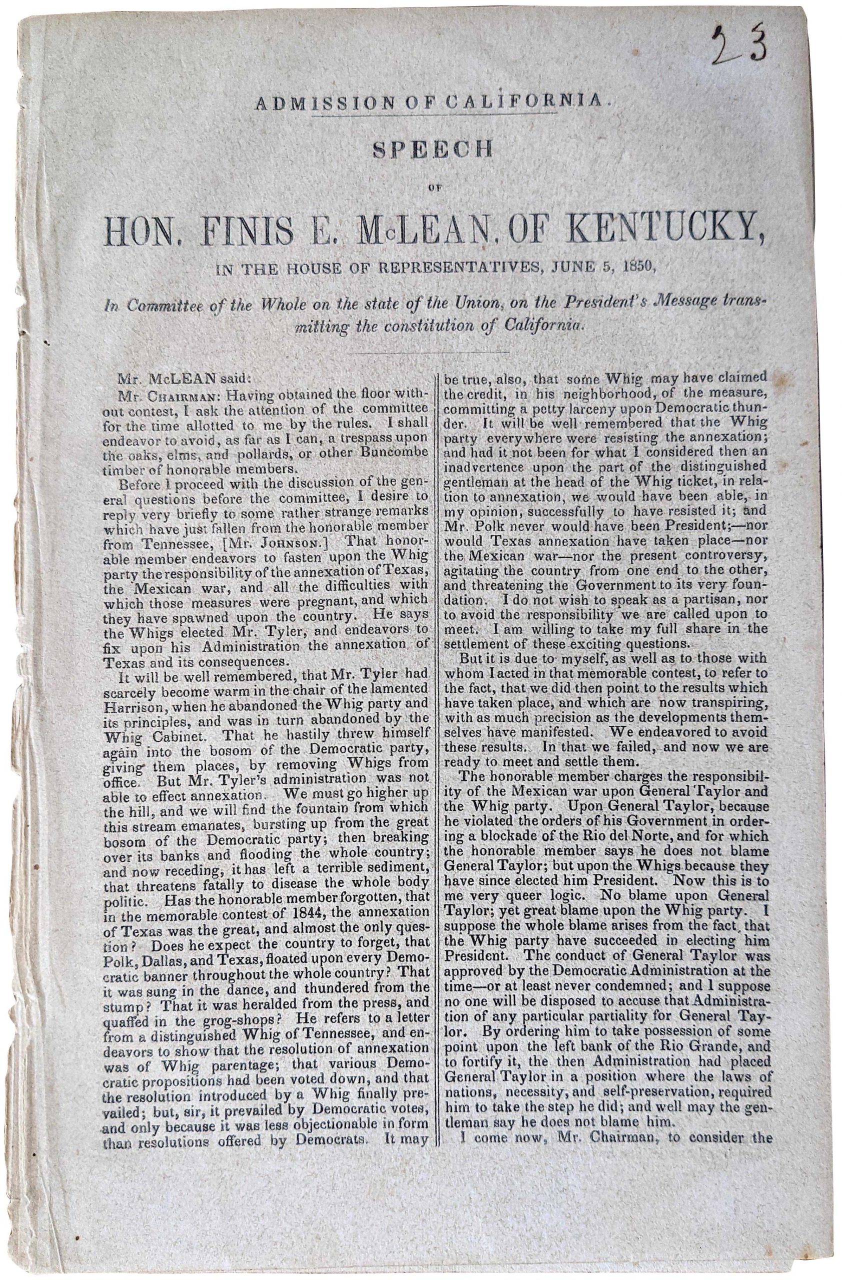 Antique Speech Admission of California To The Union, 1850