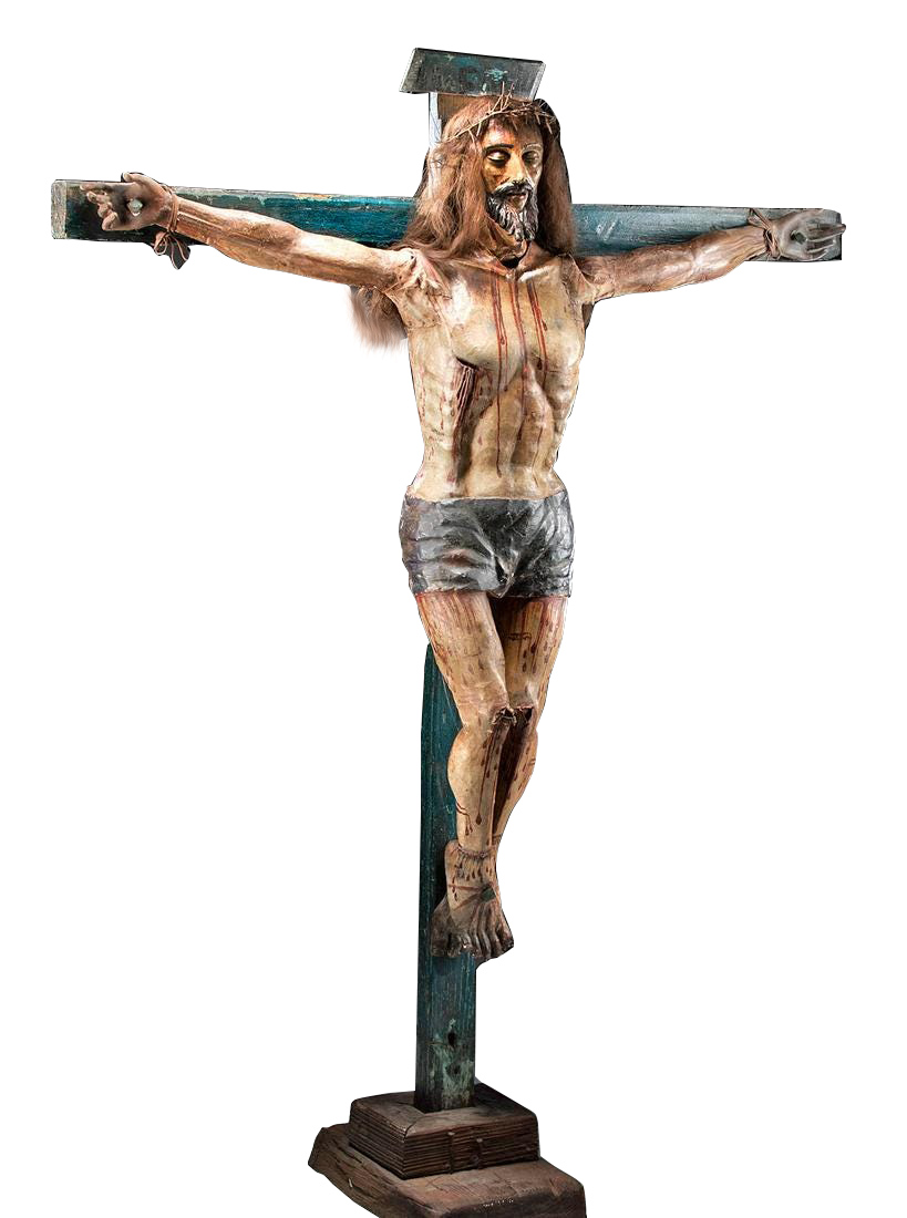 Lifesize 18th C. Spanish Colonial Painted Wood Crucifix
