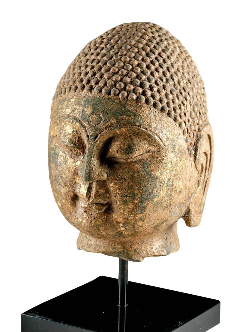 Chinese Qi Dynasty Gilded Stone Buddha Head