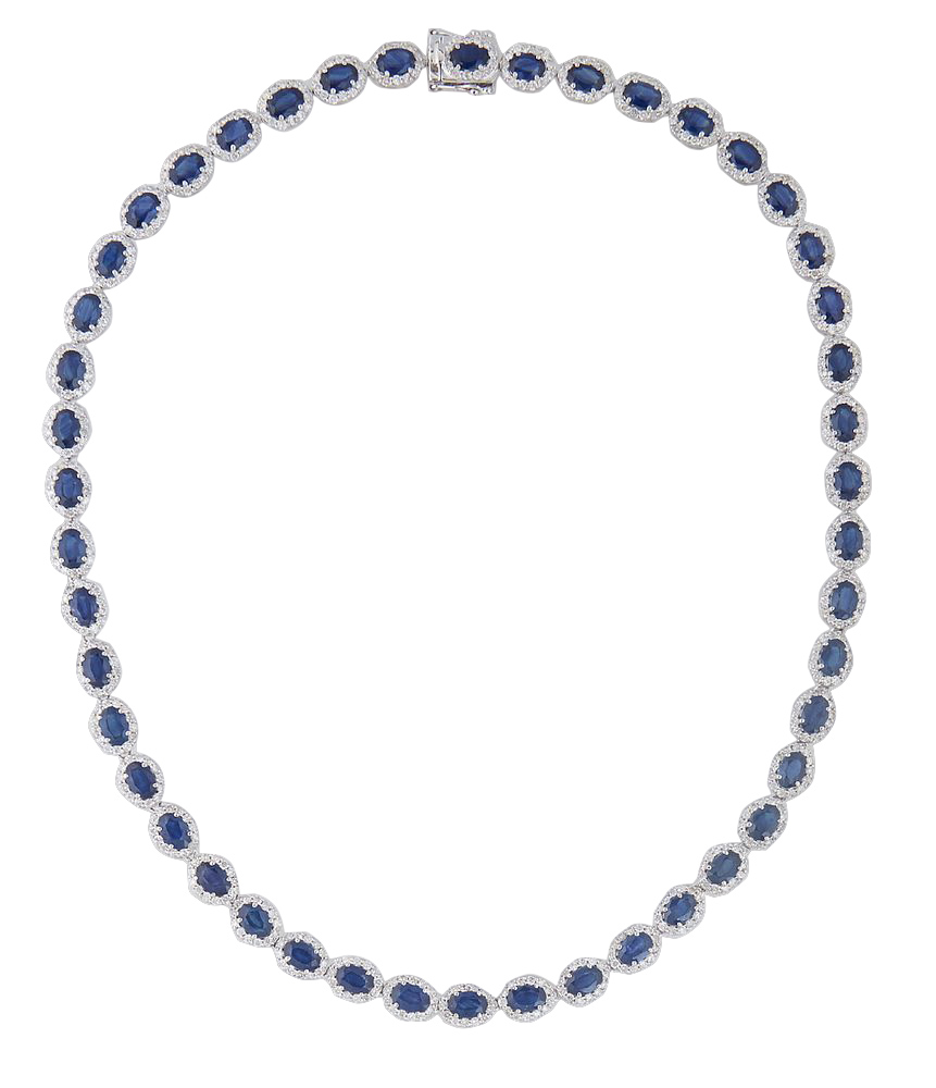14K White Gold Link Necklace, each of the forty-six oval links with an oval blue sapphire atop a border of round diamonds, total sapphire wt.- 26.11 cts