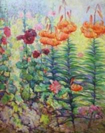 Henry Ryan MacGinnis (American, NJ, 1875 - 1962), "Tiger Lilies"; Oil on Canvas; 40” x 30”; monogrammed lower right; signed on verso.
