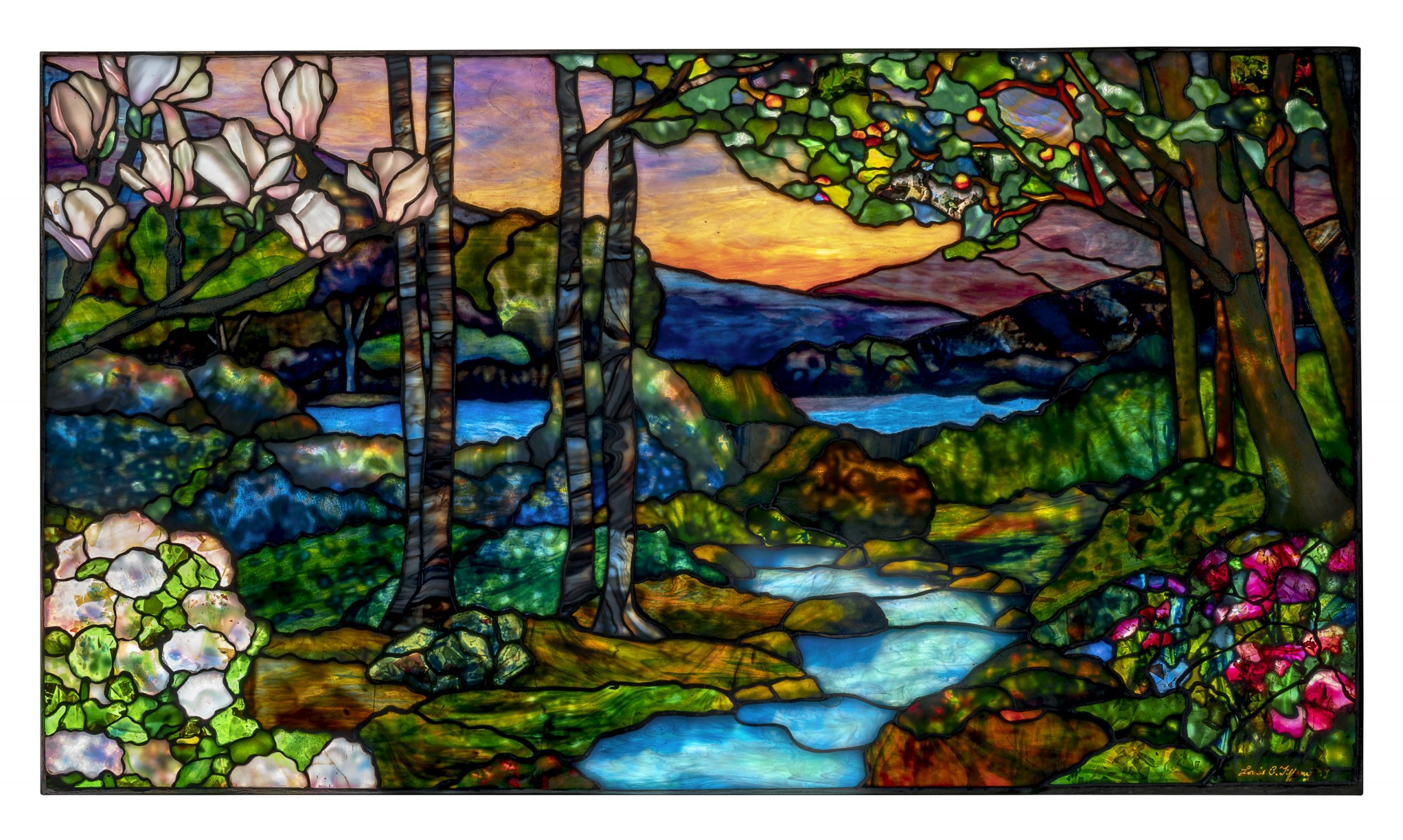 LANDSCAPE WINDOW WITH MAGNOLIAS, HYDRANGEAS AND AZALEAS, CIRCA 1915