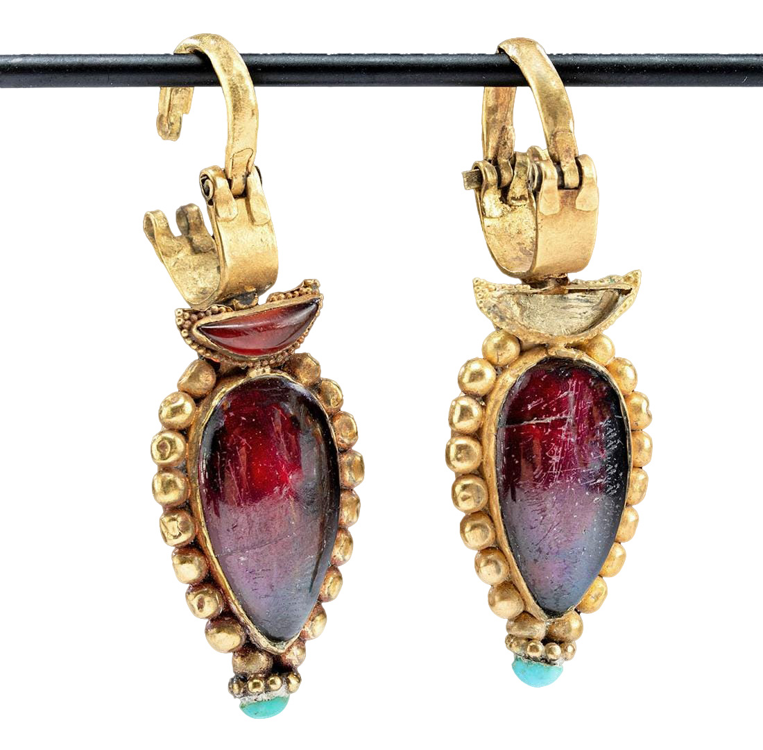 Published Greek Gold Earrings w/ Garnet & Turquoise