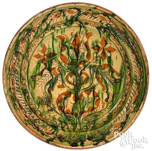 Pennsylvania sgraffito redware charger