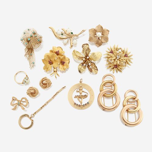 A collection of twelve gold items