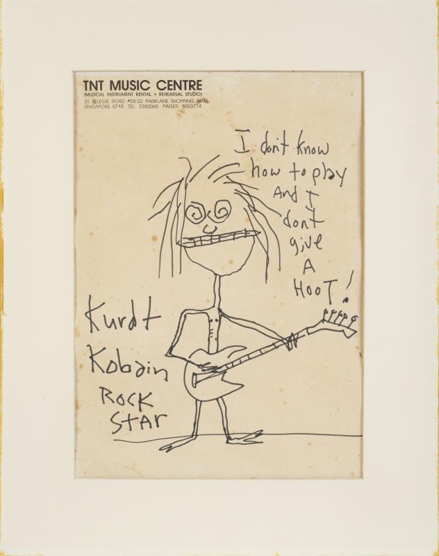 NIRVANA KURT COBAIN SIGNED SELF-PORTRAIT DRAWING WITH HANDWRITTEN INSCRIPTIONS