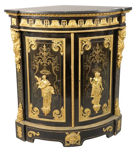 Louis XVI Style Gilt Bronze and Boulle Marquetry Mantel Corner Cabinet, having ebonized front and marble top, in the manner of Andre Charles Bouelle