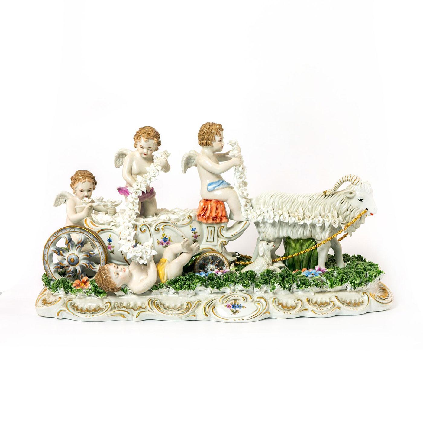CAPODIMONTE RARE FIGURINE GROUPING, CHERUBS ON CARRIAGE