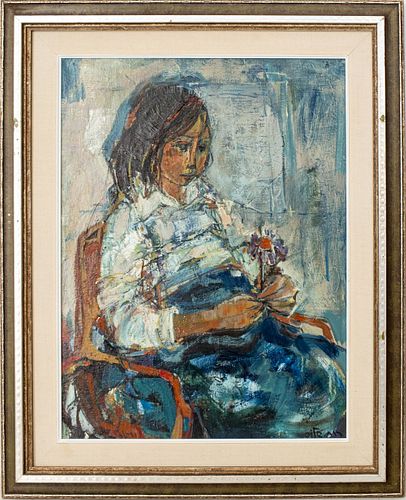 Ruth Schloss Girl with Flower Oil on Canvas