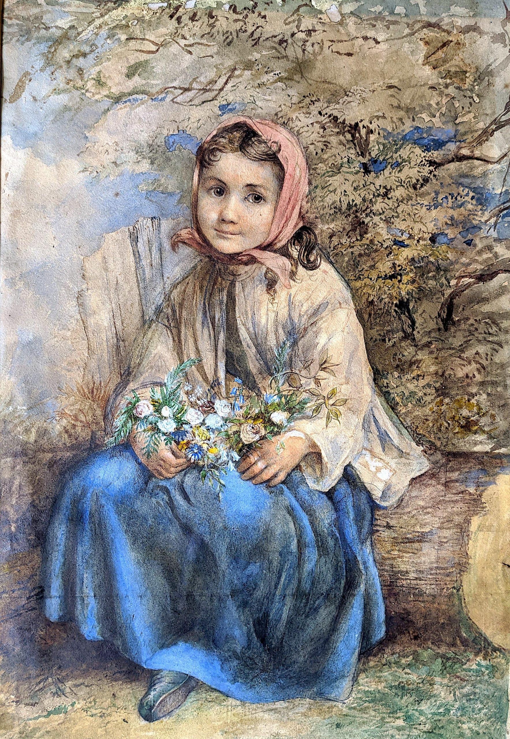 Antique Fine Art Watercolor Art Girl In The Garden, 19th C.