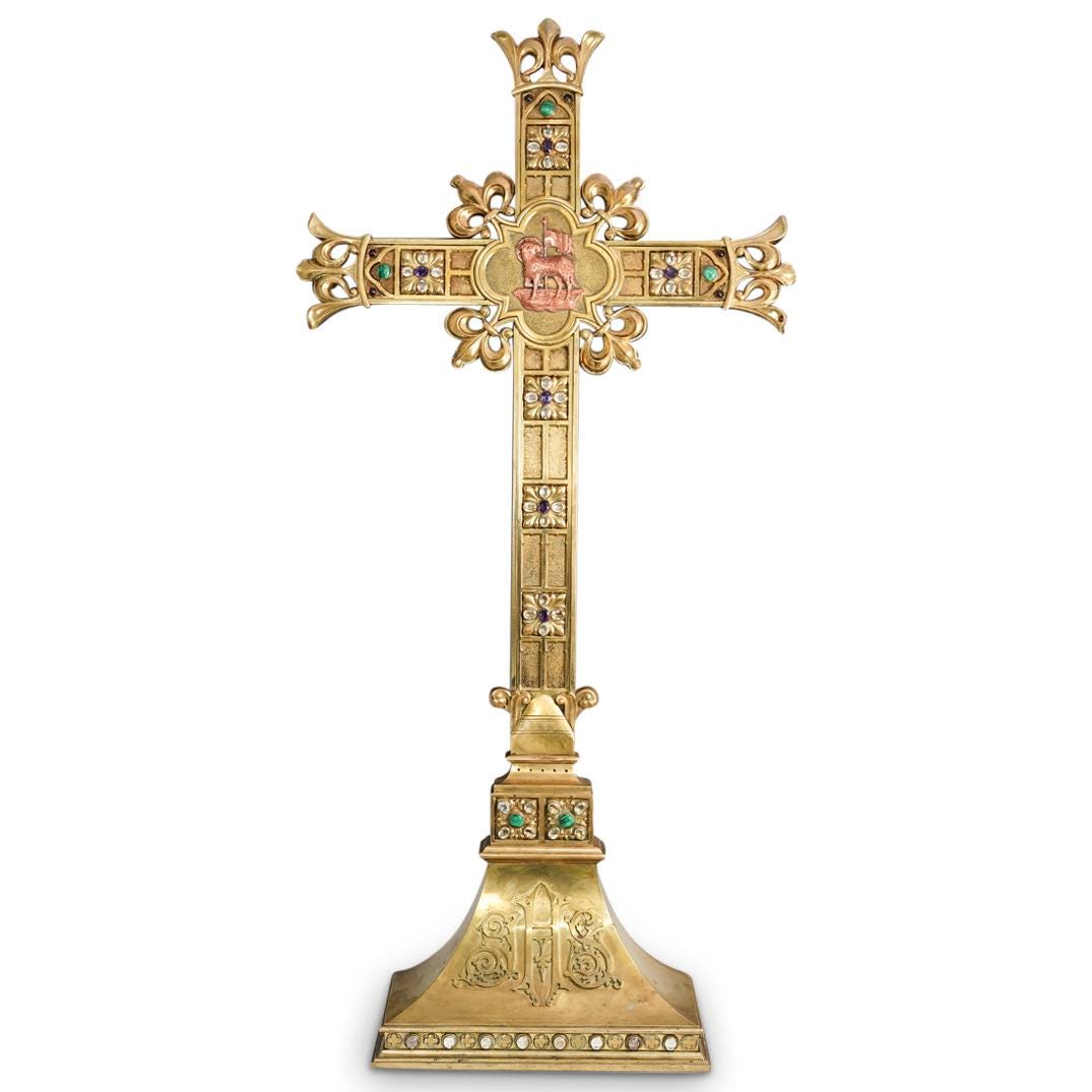 Antique Gorham and Co. Brass and Jeweled Altar Cross