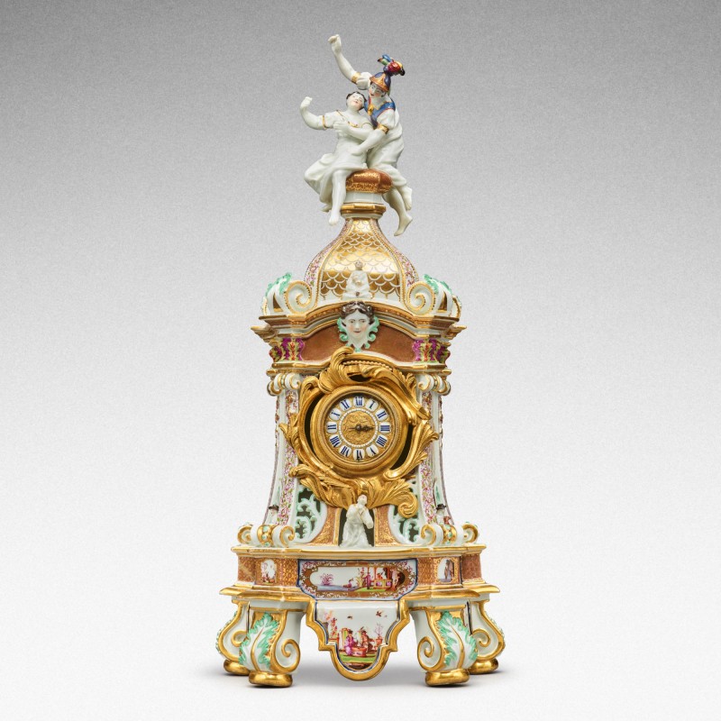 A highly important documentary and dated Meissen mantel clock case, Dated 1727, the gilt-bronze mount probably German, mid-18th century, the movement signed Barrey à Paris, Circa 1700