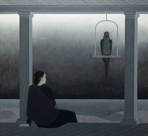 Will Barnet - Woman Seated on Porch Watching An Approaching Storm-Mecaw (sic) Above on Perch