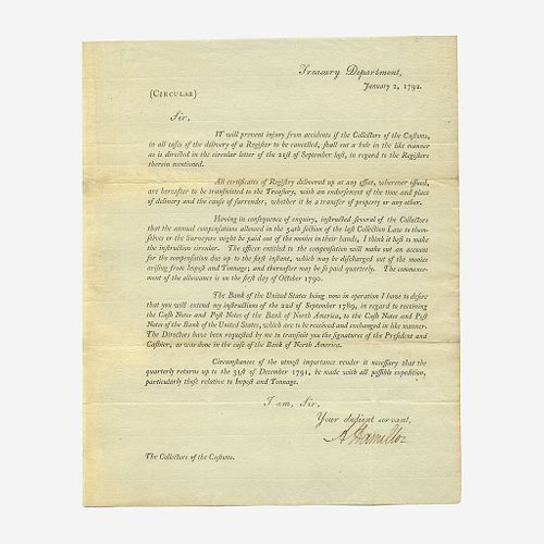 [Hamilton, Alexander] [Treasury Department] Printed Treasury Department Circular, signed