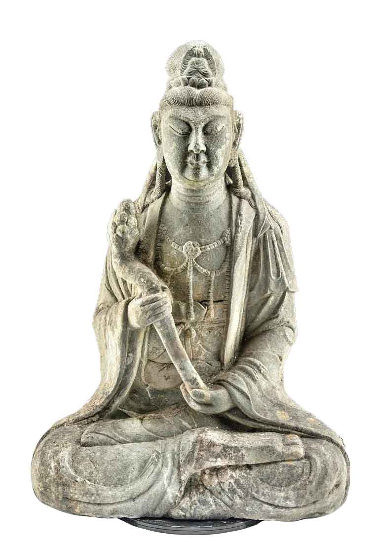 Chinese Ming Stone Statue of Guanyin w/ Lotus Flower