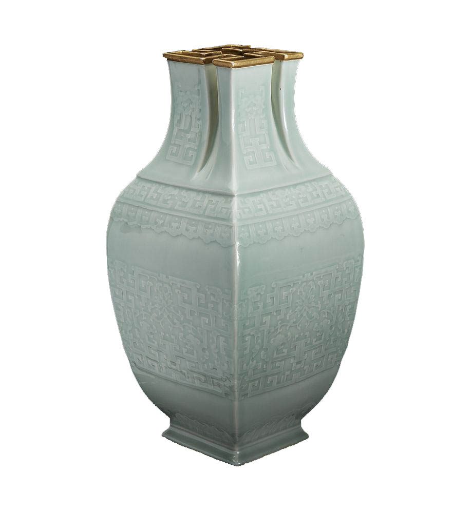 A very rare Chinese carved celadon-glazed porcelain “萬”-Mouthed Vase 珍罕粉青釉萬字口大瓶 Qianlong six-character seal mark in low relief and of the period 乾隆六字款