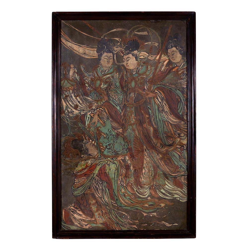 A Large Chinese polychrome stucco fresco panel 灰泥彩绘天女图壁画 Yuan/Ming Dynasty or later 元/明或更晚
