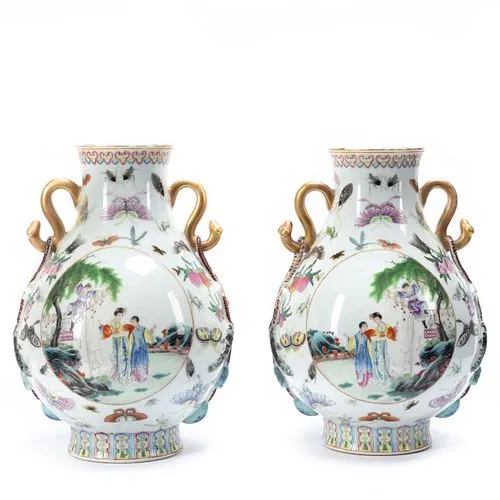 PAIR, REPUBLIC PD. FAMILLE ROSE PEAR-FORM VASES