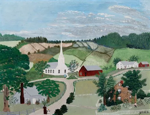 Anna Mary Robertson Grandma Moses (1860–1961) – The Church in the Hills (1944)