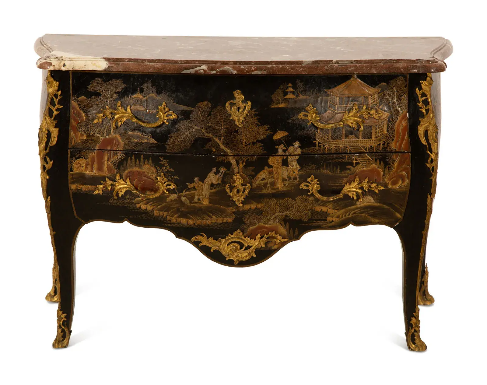 A Louis XV Gilt Bronze Mounted Lacquered Marble-Top Commode