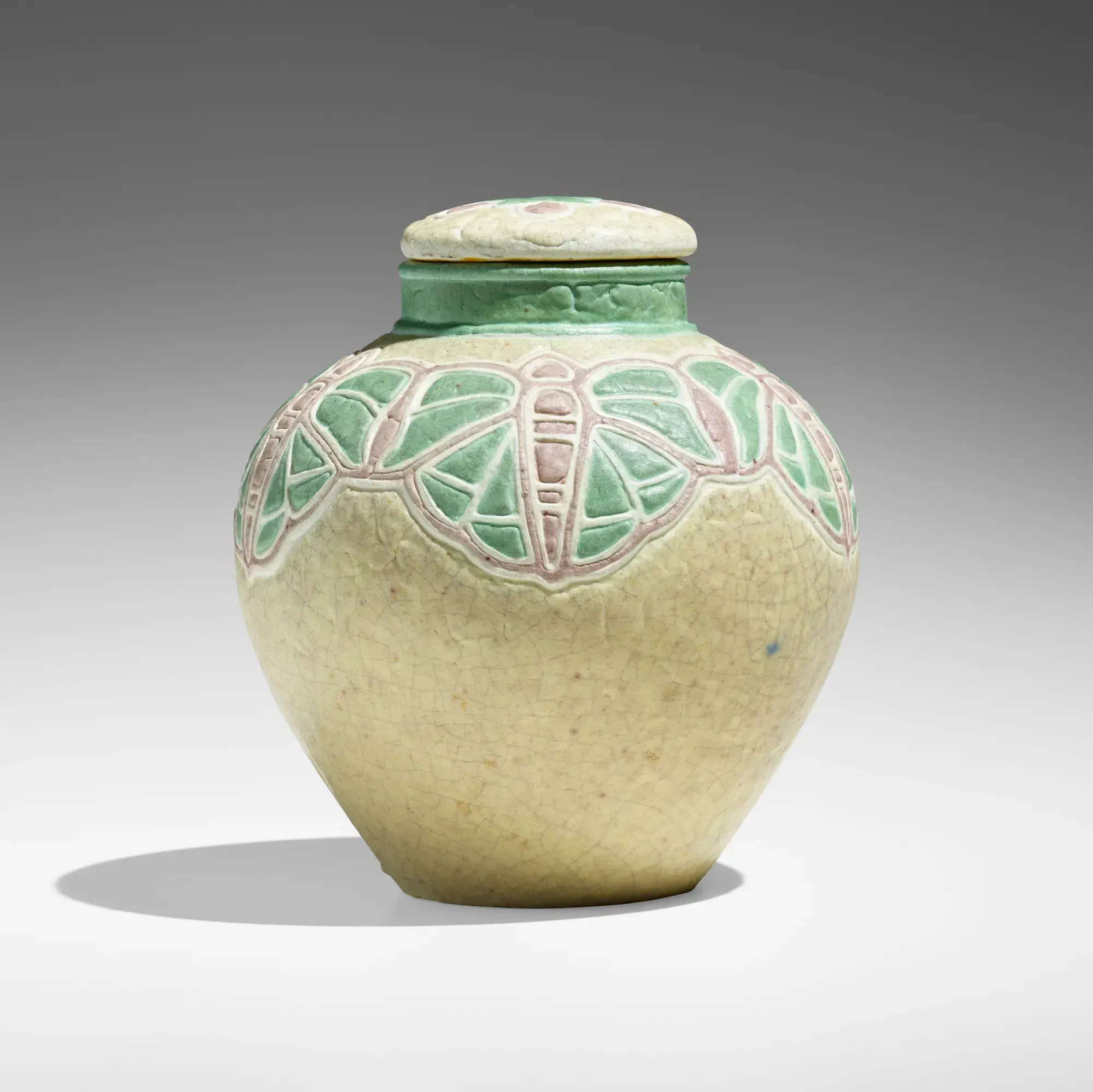 Grueby Faience Company Important covered jar with moths