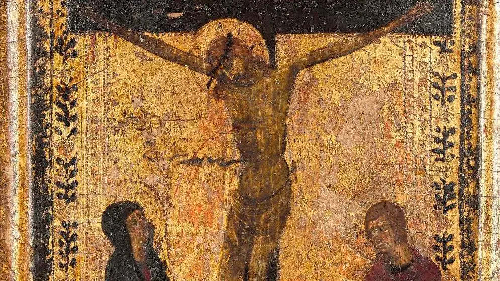 Master of Monte Oliveto Maggiore, active in and around Siena between 1305 and early 1330. Calvary, c. 1315, diptych section, panel painted on the reverse, egg tempera and gold background, 31 x 22.5 cm/12.2 x 8.9 in.
Estimate: €40,000/60,000