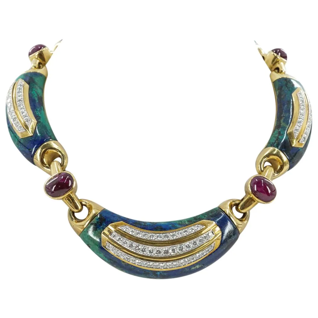 David Webb 18k Gold, Azurmalachite, Diamond, and Ruby Necklace