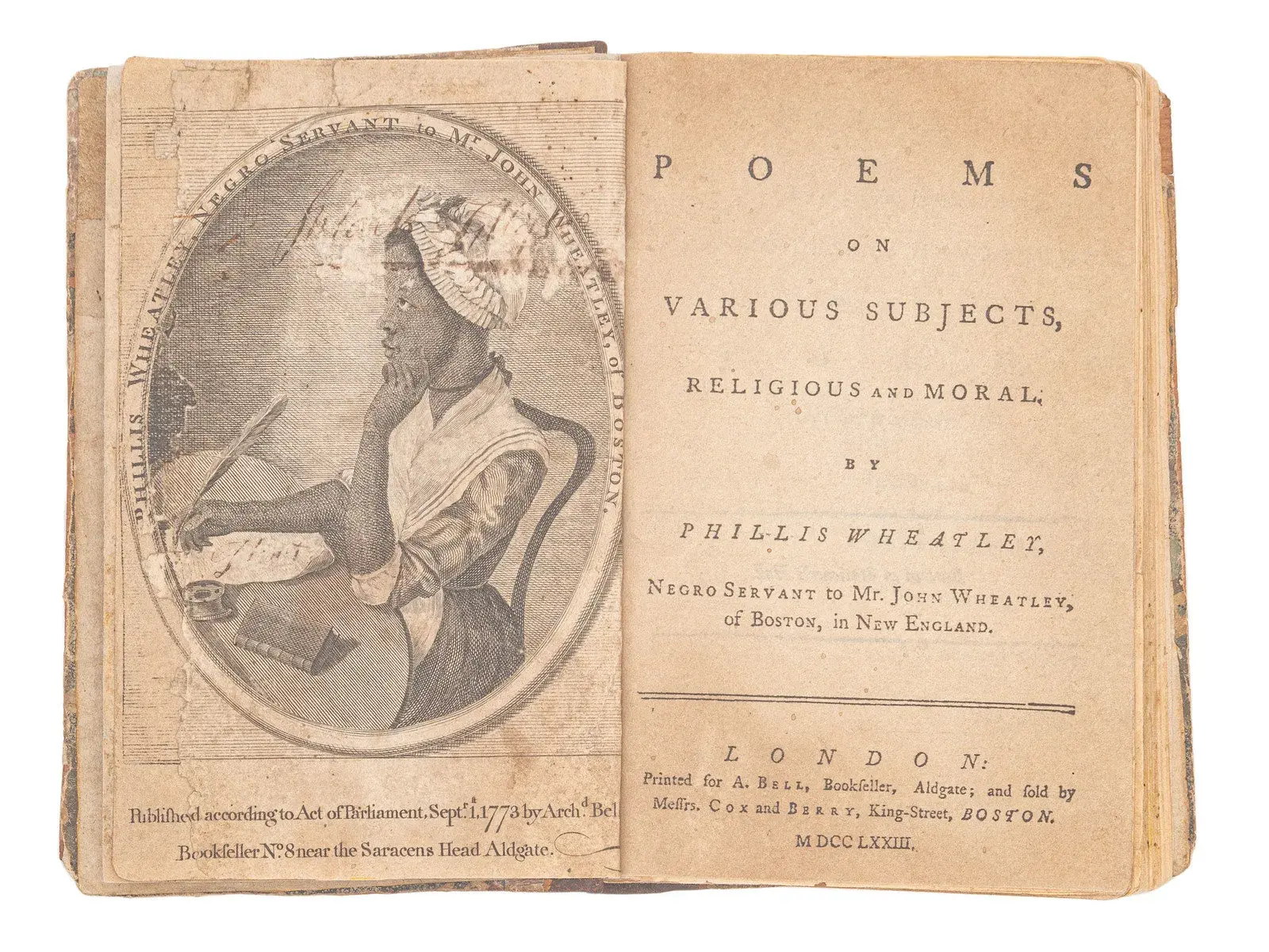 WHEATLEY, Phyllis (ca 1753-1784). Poems on Various Subjects, Religious and Moral. London: A. Bell, 1773. FIRST EDITION.