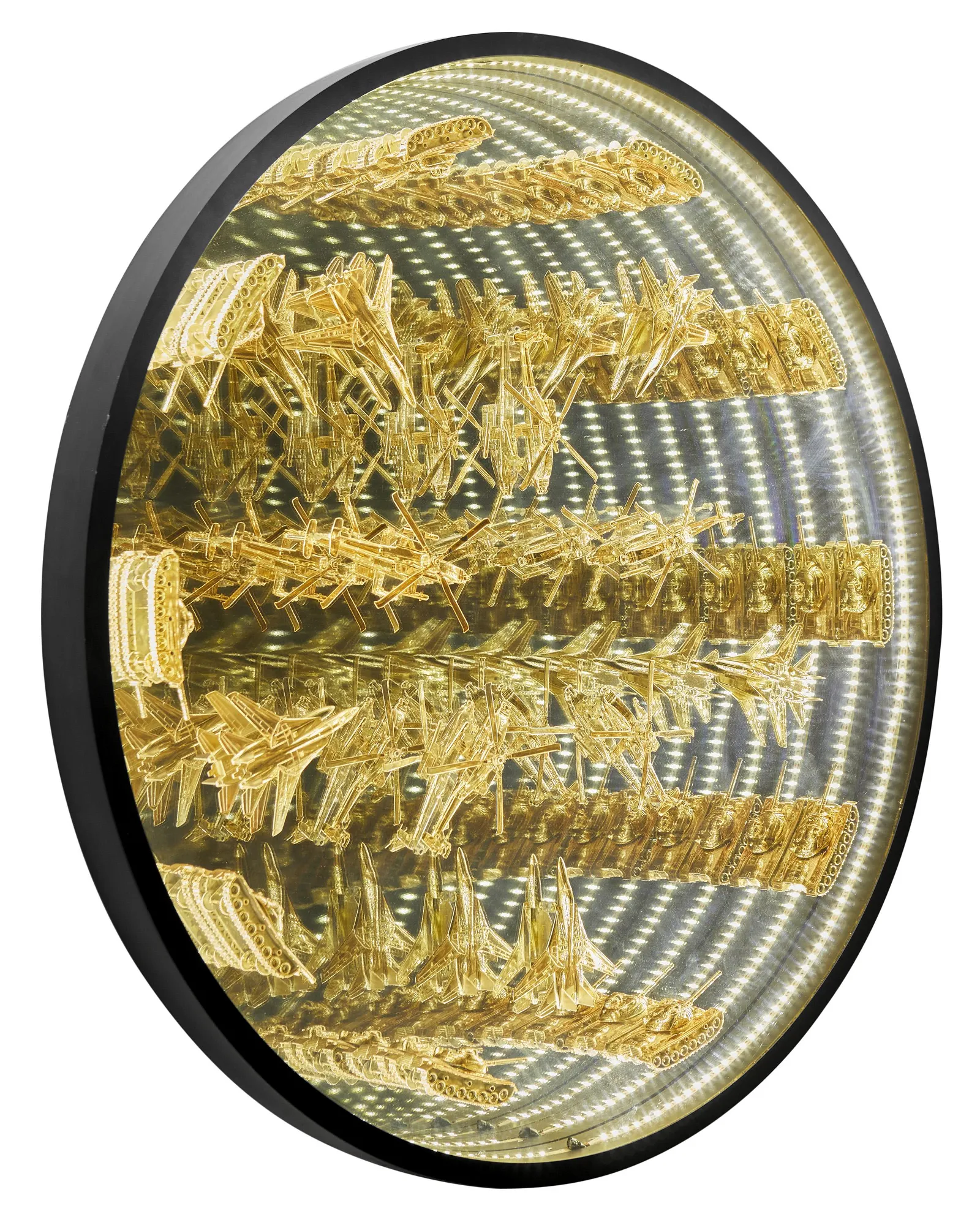 Peter Grondquist, (b. 1979), Gilded Tanks, Planes, and Helicopters, 2015, LED lights and mixed media, electrified, 48" Dia. x 3.25" D