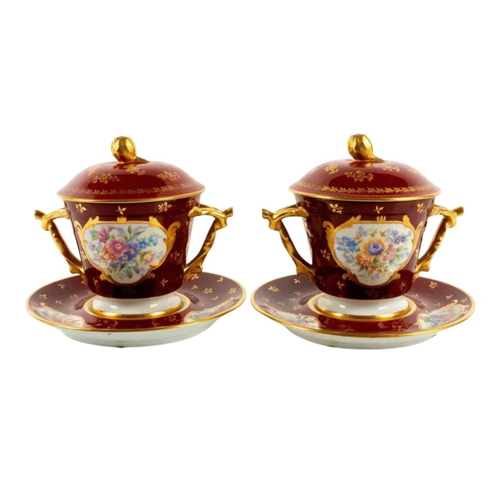 2pc Limoges Porcelain Double Handled Tureen, Flower Motif