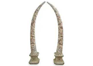 Palace Size Pair of Chinese Carved Bone Tusks
