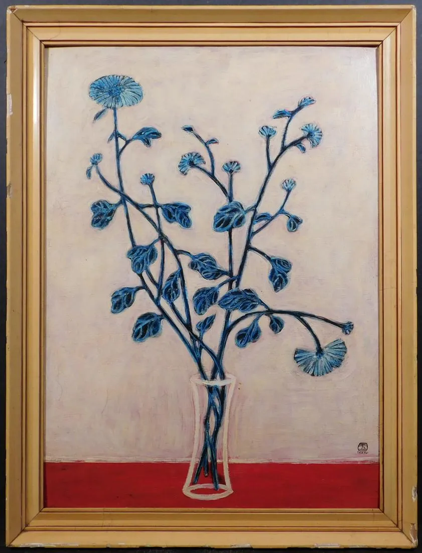 Chang Yu Sanyu, Manner of: Blue Chrysanthemums in a Glass Vase