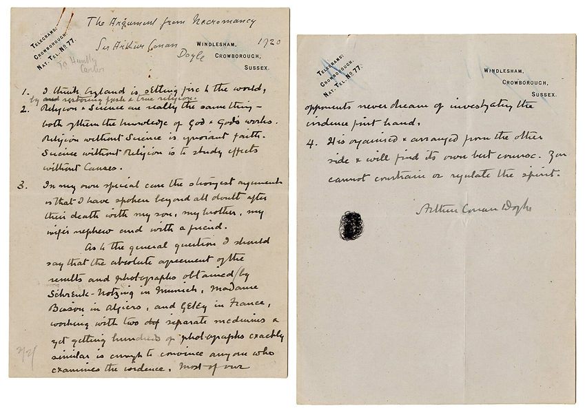 DOYLE, Arthur Conan (1859-1930). Autograph manuscript signed (“Arthur Conan Doyle”)
