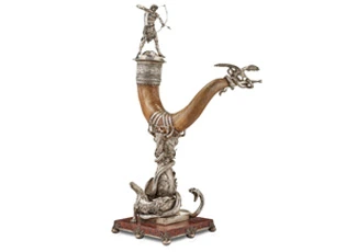 A Massive Swedish Silver Mounted Podolian Ox Horn Centerpiece
